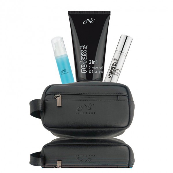 Skincare-Kit "men relax" in schwarzer, hochwertiger Lederoptik-Tasche